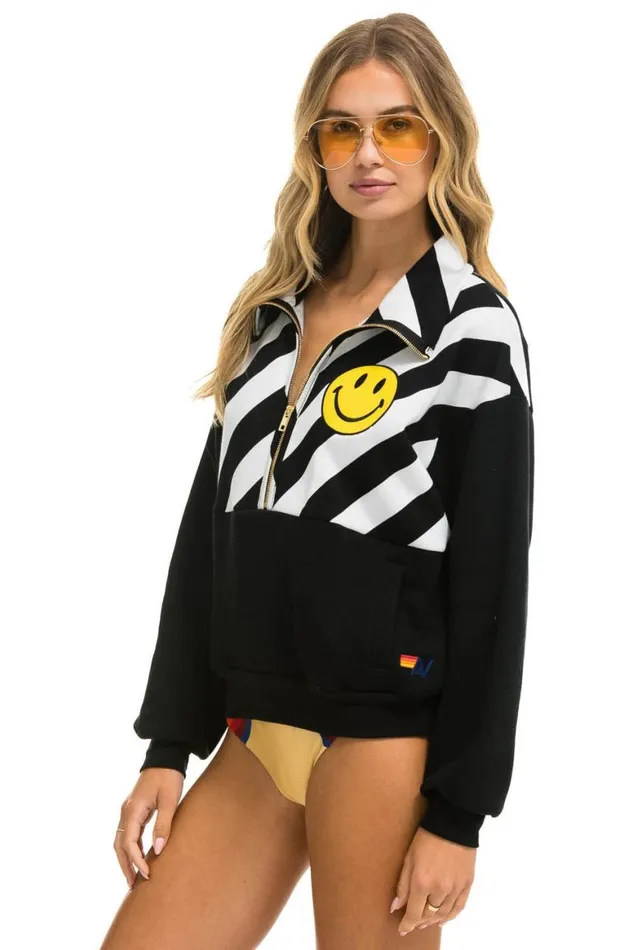 WomenMen Sweatshirts Aviator Nation Caution Smiley 2 Embroidery Fleece Half Zip Sweatshirt 8211 Black White