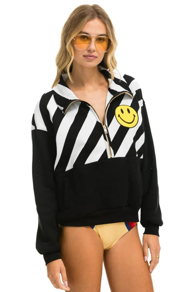 WomenMen Sweatshirts Aviator Nation Caution Smiley 2 Embroidery Fleece Half Zip Sweatshirt 8211 Black White
