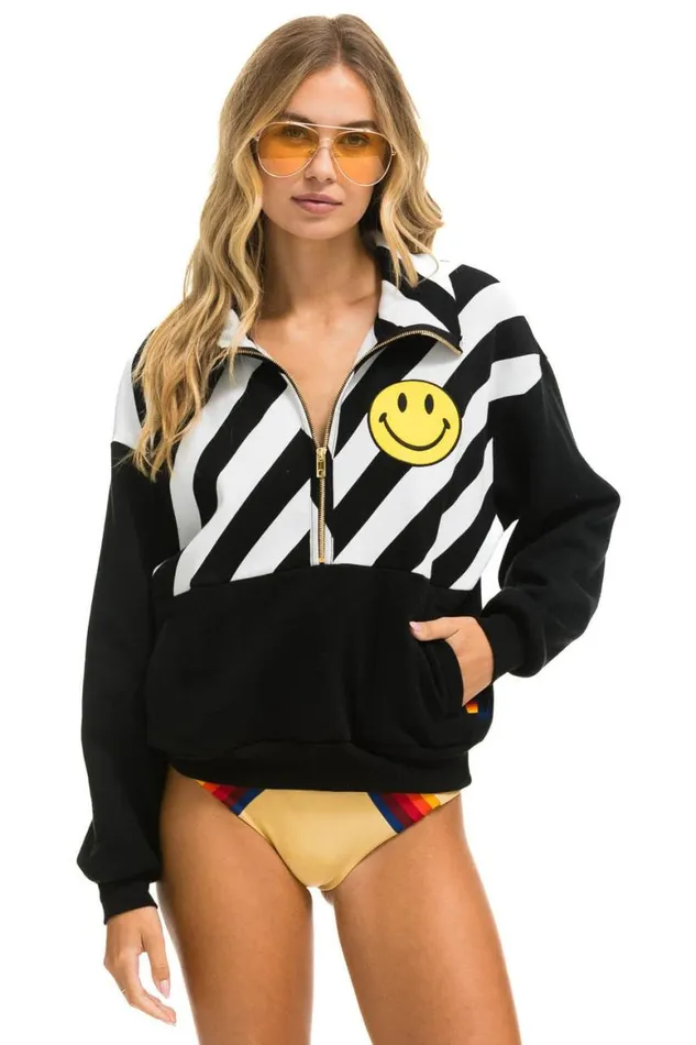 WomenMen Sweatshirts Aviator Nation Caution Smiley 2 Embroidery Fleece Half Zip Sweatshirt 8211 Black White