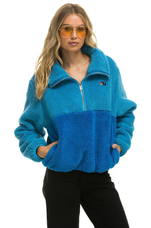 WomenMen Teddy Jackets Aviator Nation Teddy Apres Half Zip Color Block Jacket 8211 Ocean