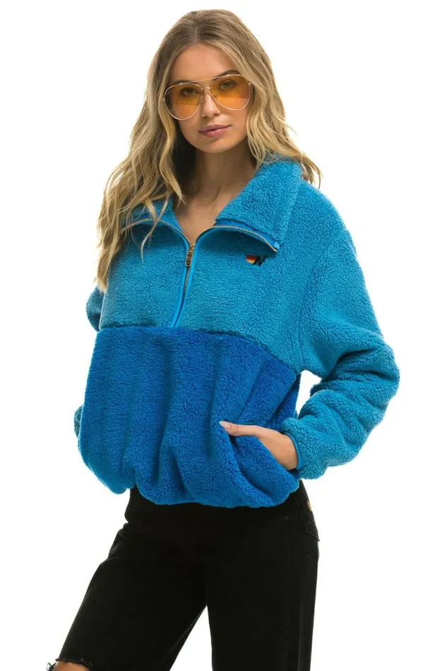 WomenMen Teddy Jackets Aviator Nation Teddy Apres Half Zip Color Block Jacket 8211 Ocean