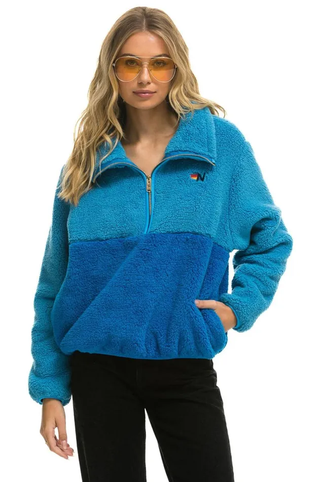 WomenMen Teddy Jackets Aviator Nation Teddy Apres Half Zip Color Block Jacket 8211 Ocean