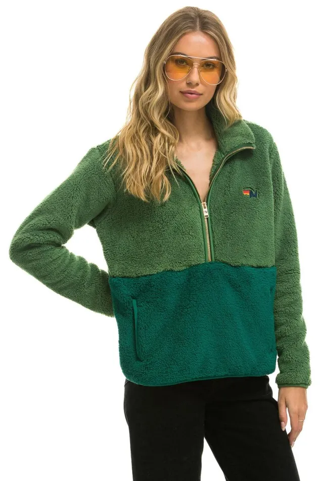 WomenMen Teddy Jackets Aviator Nation Teddy Unisex Half Zip Color Block Jacket 8211 Garden Green