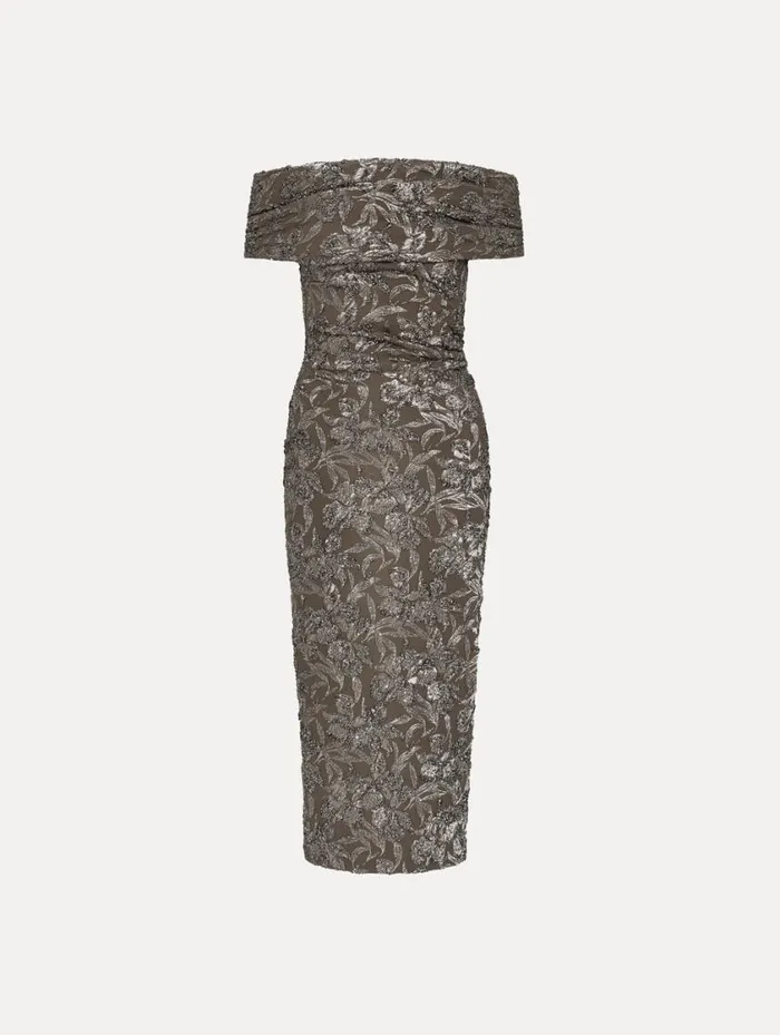 Women Metallic Orchid Jacquard Cocktail Dress Truffle Brass Oscar De La Renta Dresses
