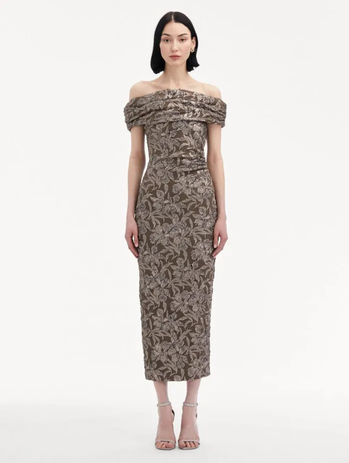 Women Metallic Orchid Jacquard Cocktail Dress Truffle Brass Oscar De La Renta Dresses