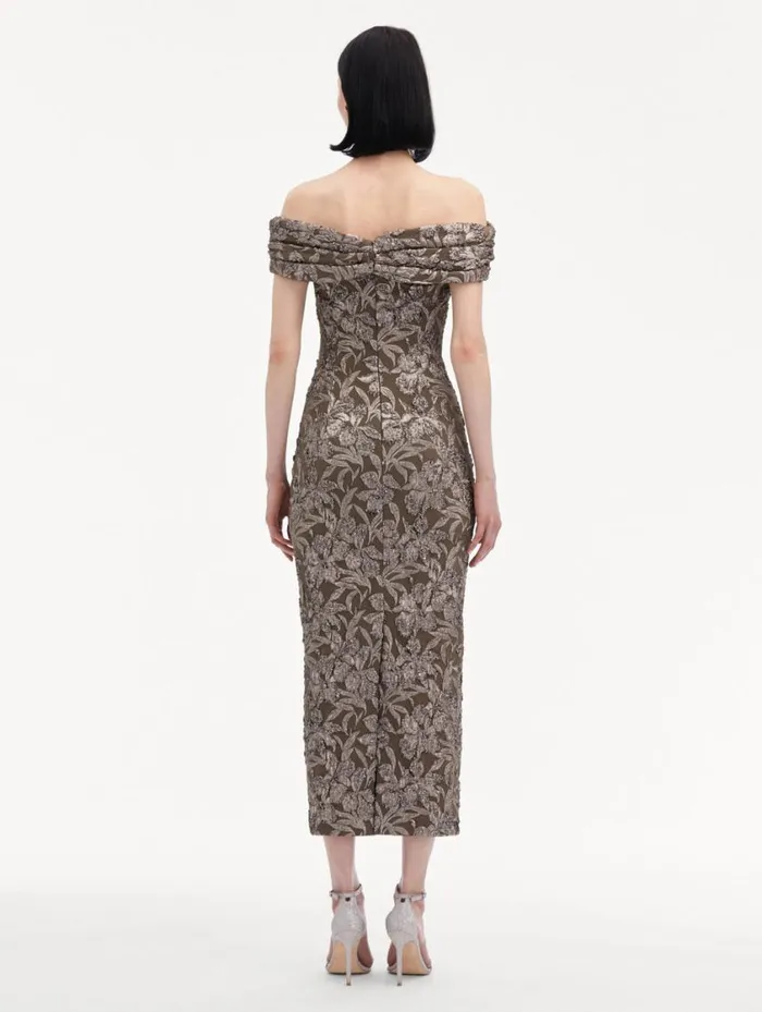 Women Metallic Orchid Jacquard Cocktail Dress Truffle Brass Oscar De La Renta Dresses