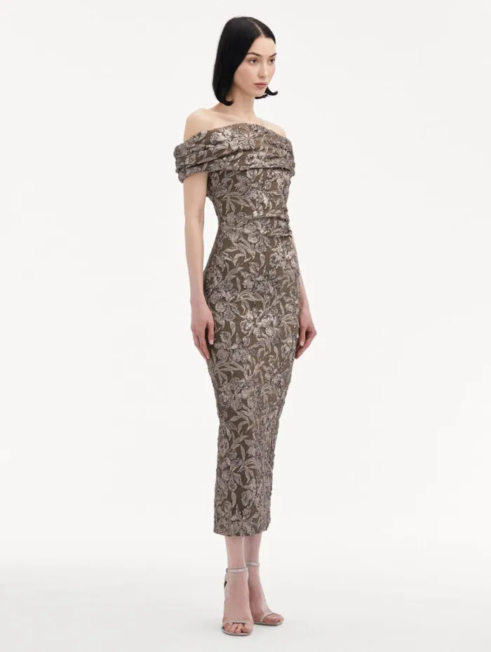 Women Metallic Orchid Jacquard Cocktail Dress Truffle Brass Oscar De La Renta Dresses