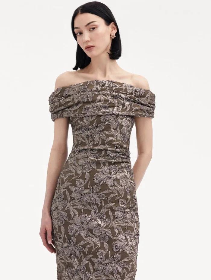 Women Metallic Orchid Jacquard Cocktail Dress Truffle Brass Oscar De La Renta Dresses