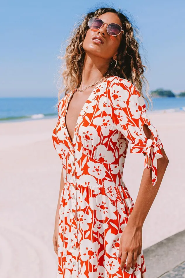 Women Midi Dresses Cupshe Kayley Vneck Tie Fitted Waisted Bubble Sleeve AShape Dress Multicolor