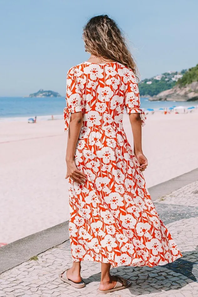 Women Midi Dresses Cupshe Kayley Vneck Tie Fitted Waisted Bubble Sleeve AShape Dress Multicolor