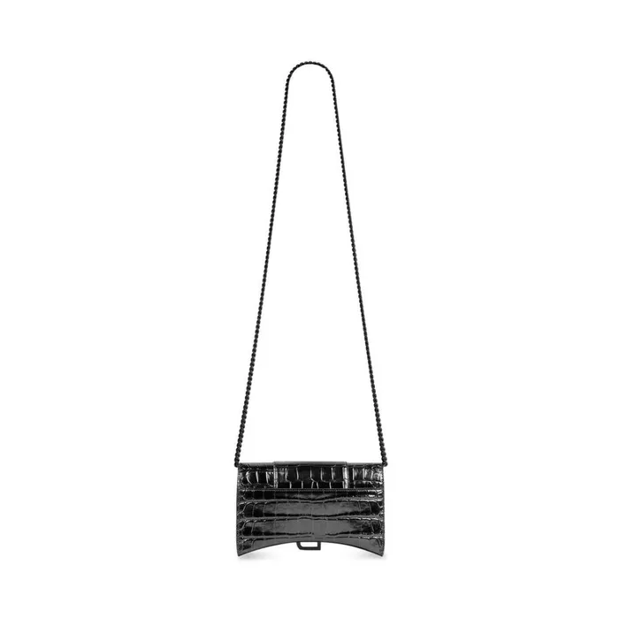 Women Mini Bags Balenciaga Hourglass Wallet On Chain Crocodile Embossed In Black
