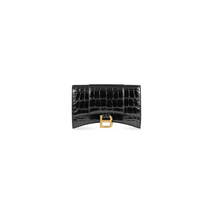 Women Mini Bags Balenciaga Hourglass Wallet On Chain Crocodile Embossed In Black
