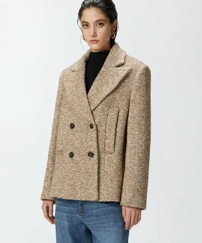 Women Outerwear Pinko Short Doublebreasted Coat Pea Coat With Herringbone Camelnatural Women Outerwear Pinko Short Doublebreasted Coat Pea Coat With Herringbone Camelnatural