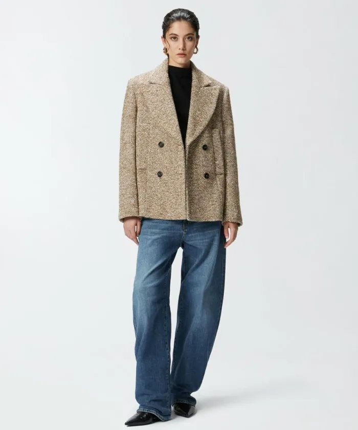 Women Outerwear Pinko Short Doublebreasted Coat Pea Coat With Herringbone Camelnatural Women Outerwear Pinko Short Doublebreasted Coat Pea Coat With Herringbone Camelnatural