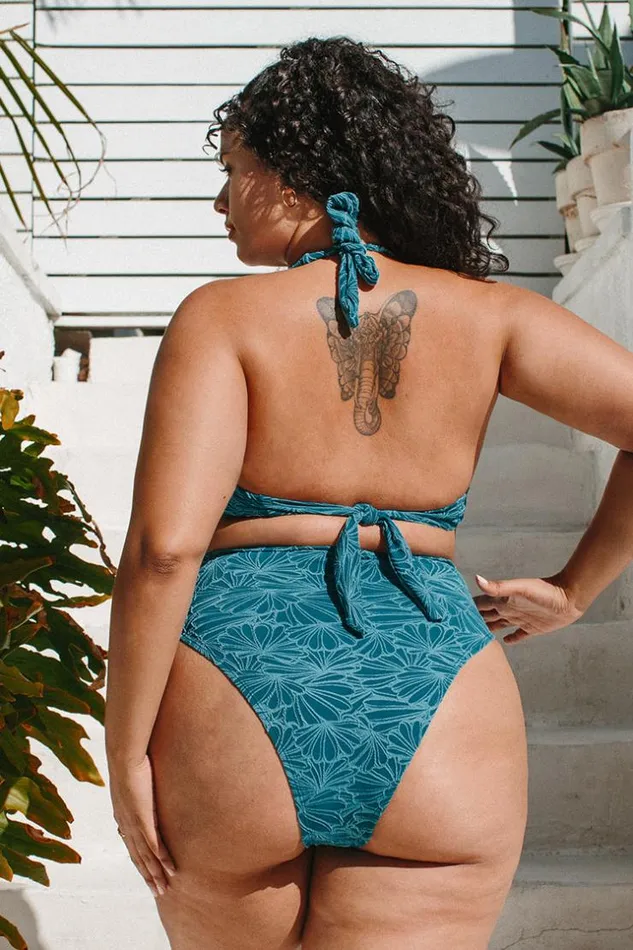 Women Plus Size and Curve Bikinis Cupshe Flourishing Floral Molded Halter And High Waist Plus Size Set Teal