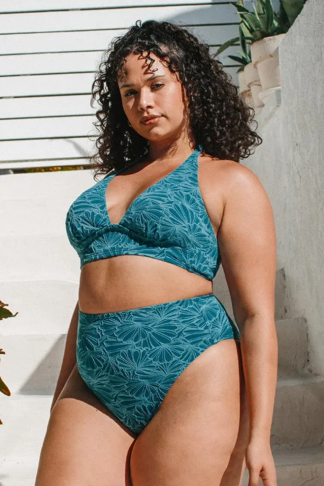 Women Plus Size and Curve Bikinis Cupshe Flourishing Floral Molded Halter And High Waist Plus Size Set Teal