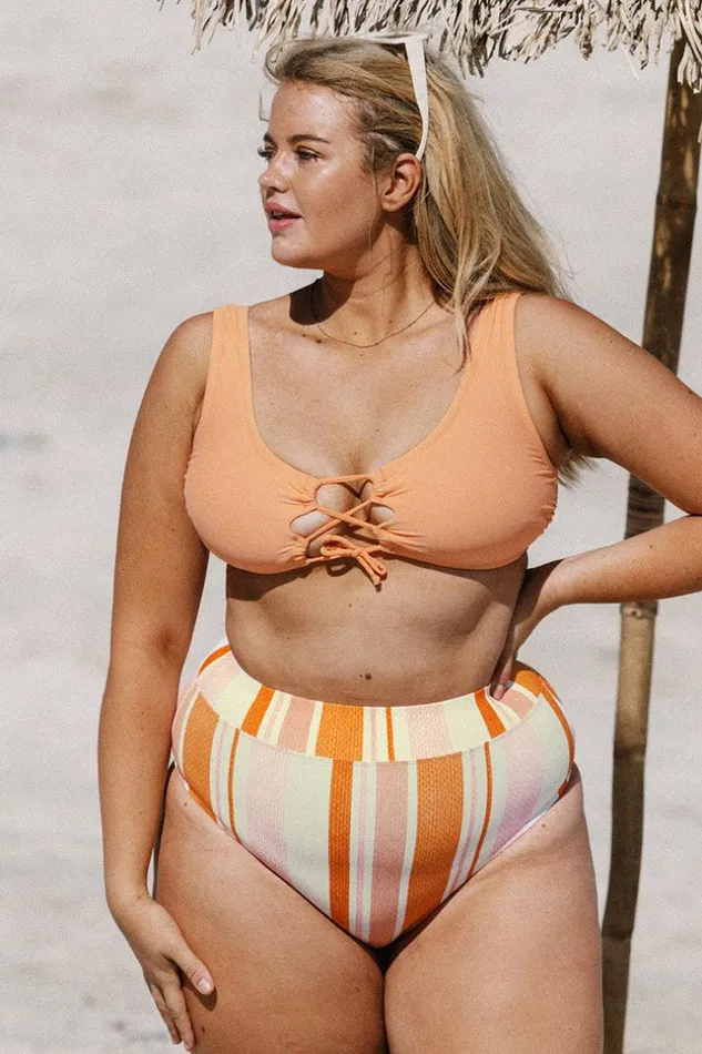 Women Plus Size and Curve Bikinis Cupshe Happy Stripe Fixed Tie Bralette And High Waist Plus Size Set Multicolor Women Plus Size and Curve Bikinis Cupshe Happy Stripe Fixed Tie Bralette And High Waist Plus Size Set Multicolor