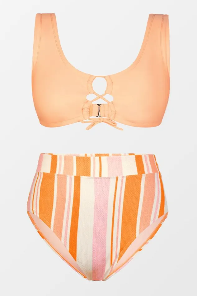 Women Plus Size and Curve Bikinis Cupshe Happy Stripe Fixed Tie Bralette And High Waist Plus Size Set Multicolor