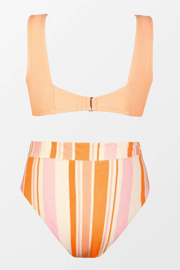Women Plus Size and Curve Bikinis Cupshe Happy Stripe Fixed Tie Bralette And High Waist Plus Size Set Multicolor