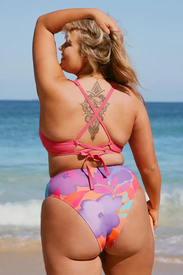 Women Plus Size and Curve Bikinis Cupshe Lush Garden Ruffled Bralette And High Waist Plus Size Bikini Set Multicolor