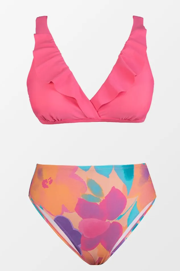 Women Plus Size and Curve Bikinis Cupshe Lush Garden Ruffled Bralette And High Waist Plus Size Bikini Set Multicolor