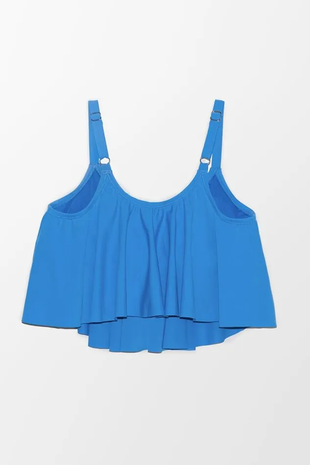 Women Plus Size and Curve Bikinis Cupshe Stacey Blue Ruffle Plus Size Tankini Top Blue