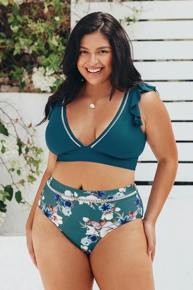 Women Plus Size and Curve Bikinis Cupshe Teal And Floral Ruffle Plus Size Bikini Multicolor