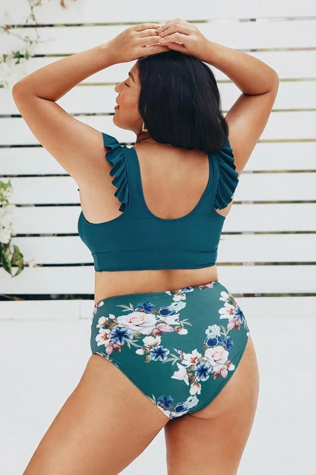 Women Plus Size and Curve Bikinis Cupshe Teal And Floral Ruffle Plus Size Bikini Multicolor