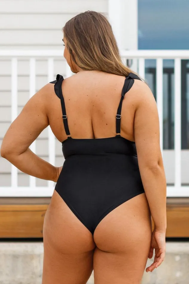 Women Plus Size and Curve Swimsuits Cupshe Serena Black Ruffle Plus Size One Piece Swimsuit Black