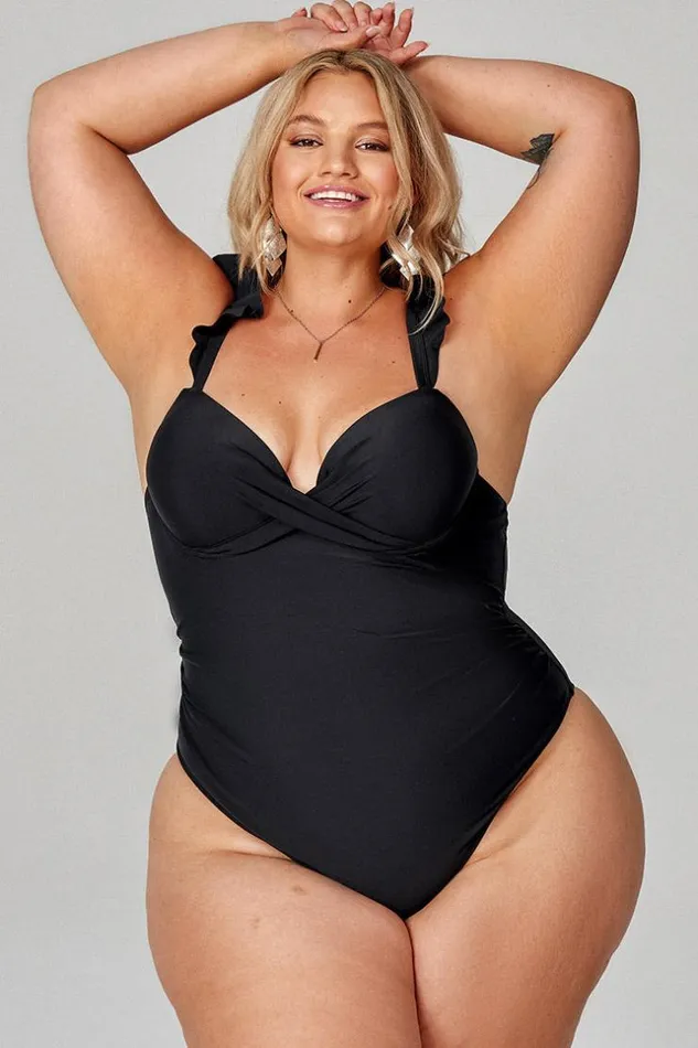 Women Plus Size and Curve Swimsuits Cupshe Serena Black Ruffle Plus Size One Piece Swimsuit Black