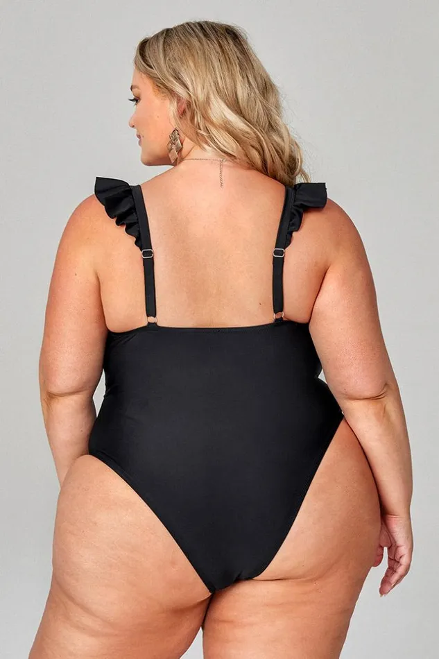 Women Plus Size and Curve Swimsuits Cupshe Serena Black Ruffle Plus Size One Piece Swimsuit Black