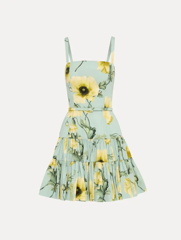 Women Poppy Cotton Poplin Tiered Mini Dress Sage Yellow Oscar De La Renta Dresses