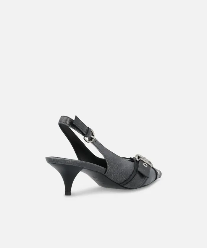 Women Pumps Pinko Heeled Leather Slingbacks With Buckle Limo Black