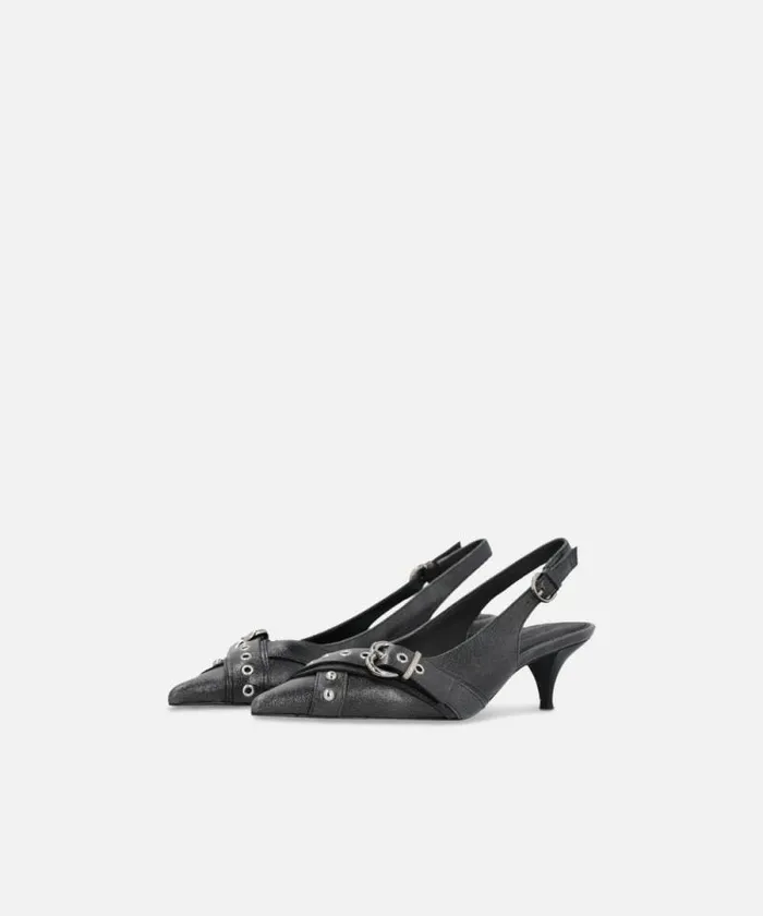 Women Pumps Pinko Heeled Leather Slingbacks With Buckle Limo Black