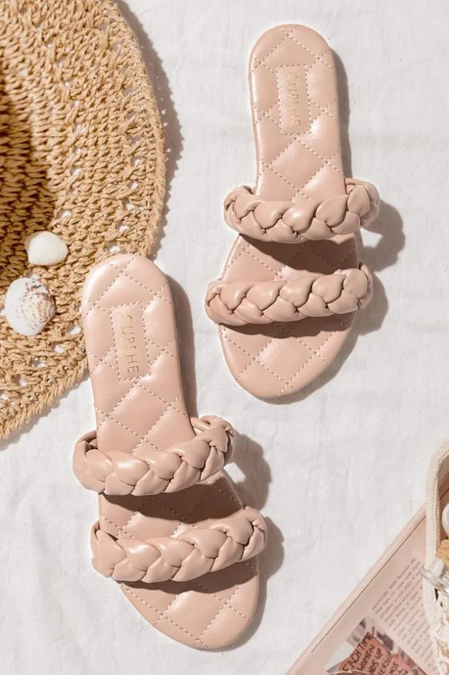 Women Sandals Cupshe Chai Double Braid Strap Slide Sandals Apricot
