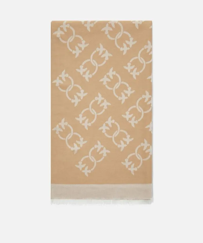 Women Scarves Pinko Jacquard Fabric Cashmere Blend Scarf Logo Mocha Camel