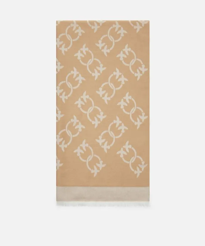 Women Scarves Pinko Jacquard Fabric Cashmere Blend Scarf Logo Mocha Camel Women Scarves Pinko Jacquard Fabric Cashmere Blend Scarf Logo Mocha Camel