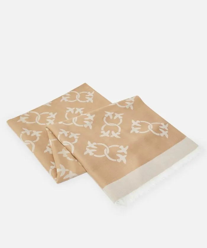 Women Scarves Pinko Jacquard Fabric Cashmere Blend Scarf Logo Mocha Camel Women Scarves Pinko Jacquard Fabric Cashmere Blend Scarf Logo Mocha Camel