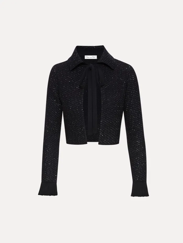 Women Sequin Tweed Jacket Navy Oscar De La Renta Jackets and Coats