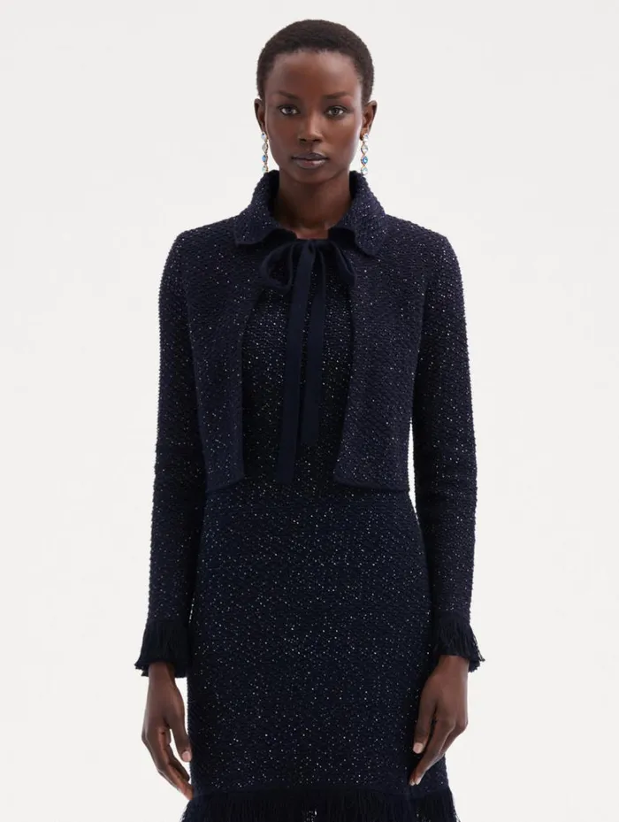 Women Sequin Tweed Jacket Navy Oscar De La Renta Jackets and Coats
