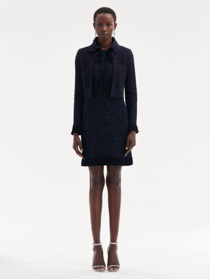 Women Sequin Tweed Jacket Navy Oscar De La Renta Jackets and Coats