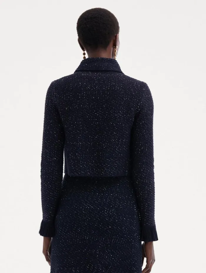 Women Sequin Tweed Jacket Navy Oscar De La Renta Jackets and Coats