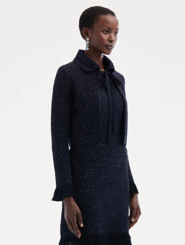 Women Sequin Tweed Jacket Navy Oscar De La Renta Jackets and Coats