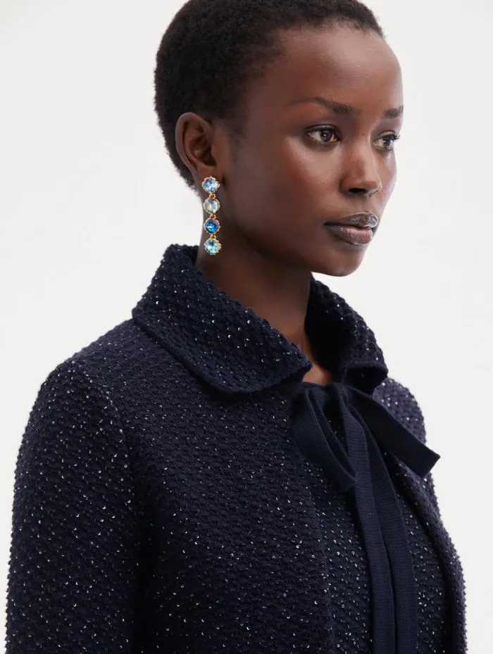 Women Sequin Tweed Jacket Navy Oscar De La Renta Jackets and Coats
