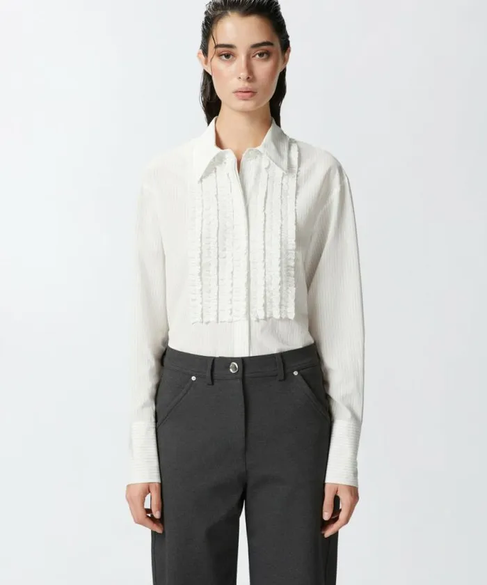 Women Shirts And Blouses Pinko Pinstriped Shirt With Front Ruffles Whiteblack Women Shirts And Blouses Pinko Pinstriped Shirt With Front Ruffles Whiteblack