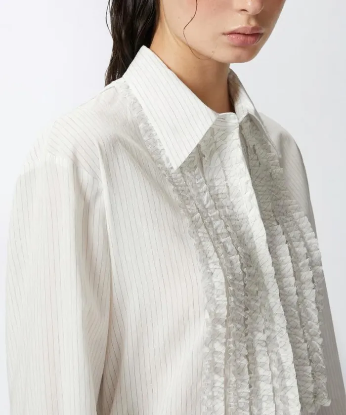Women Shirts And Blouses Pinko Pinstriped Shirt With Front Ruffles Whiteblack