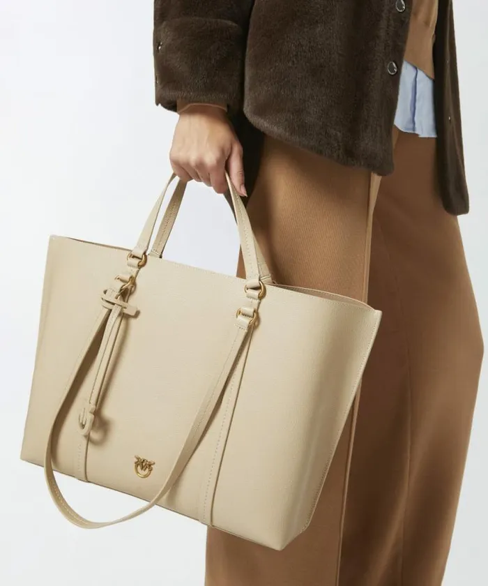 Women Shopping Bags Pinko Large Tumbled Leather Shopper Bag Beigesmoke Greyantiquegold