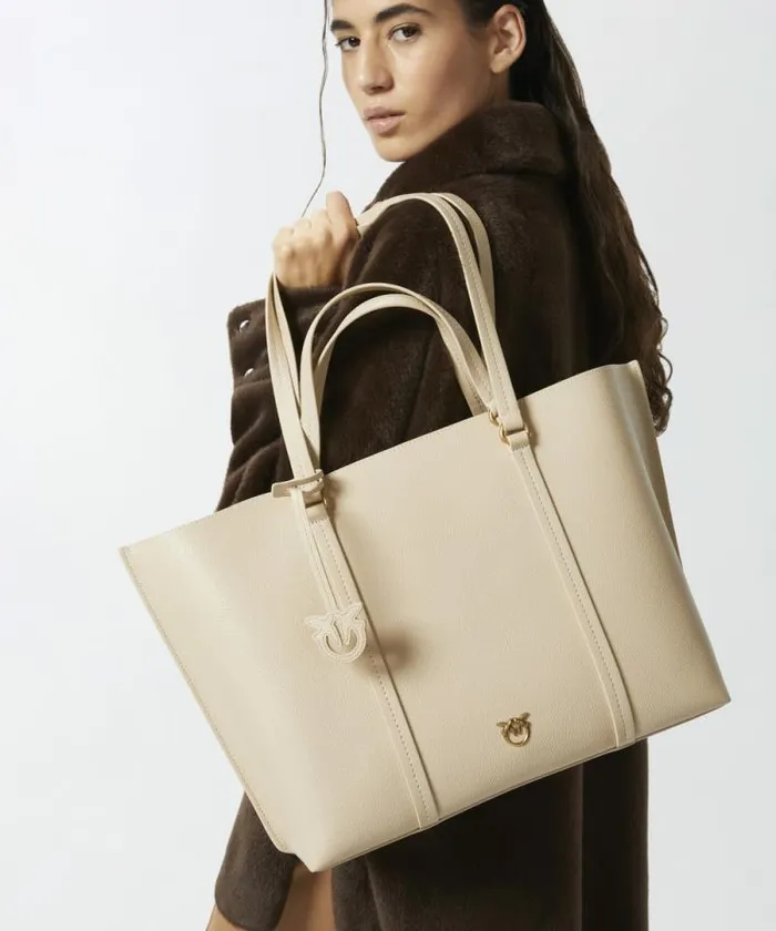 Women Shopping Bags Pinko Large Tumbled Leather Shopper Bag Beigesmoke Greyantiquegold