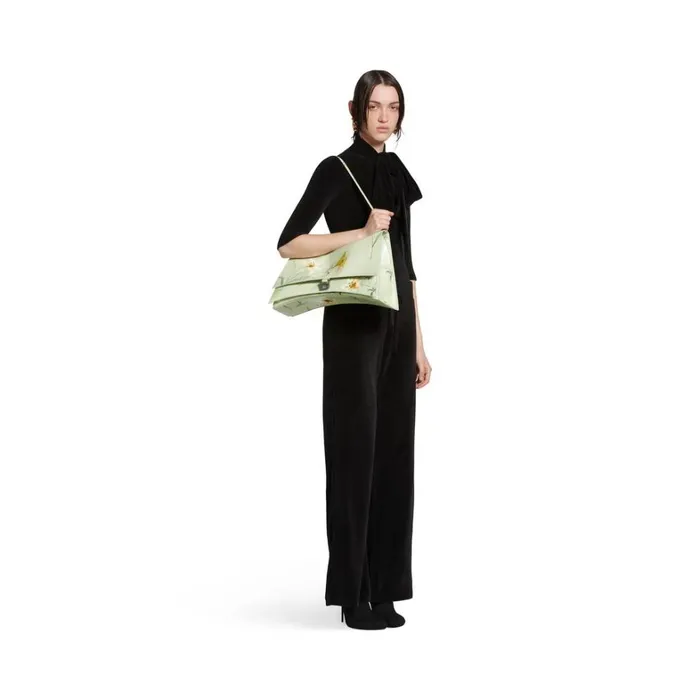 Women Shoulder Bags Balenciaga Crush Large Sling Bag With Lilies Print In Green Women Shoulder Bags Balenciaga Crush Large Sling Bag With Lilies Print In Green