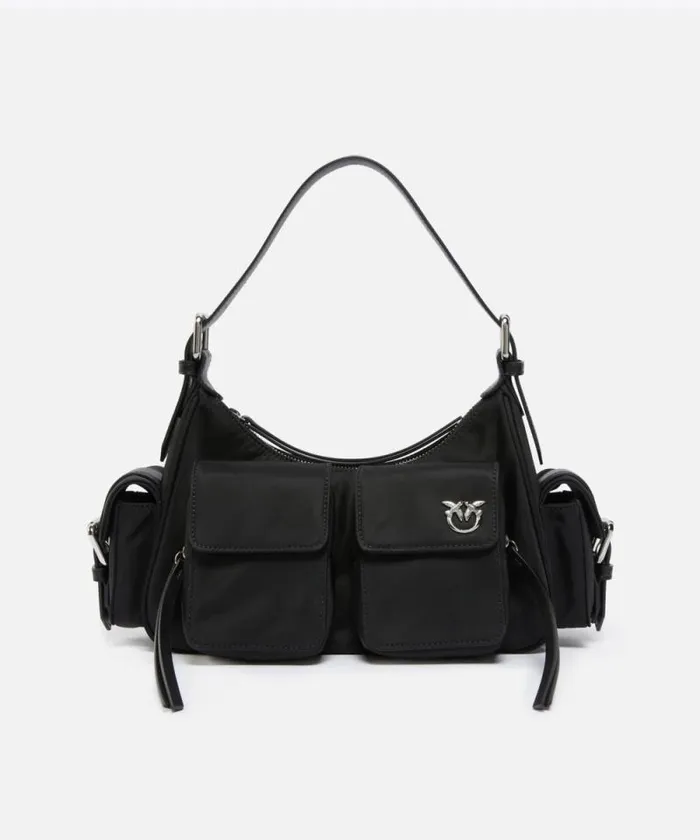 Women Shoulder Bags Pinko Cargo Bag In Recycled Technical Fabric Limo Blackshiny Nickel Women Shoulder Bags Pinko Cargo Bag In Recycled Technical Fabric Limo Blackshiny Nickel
